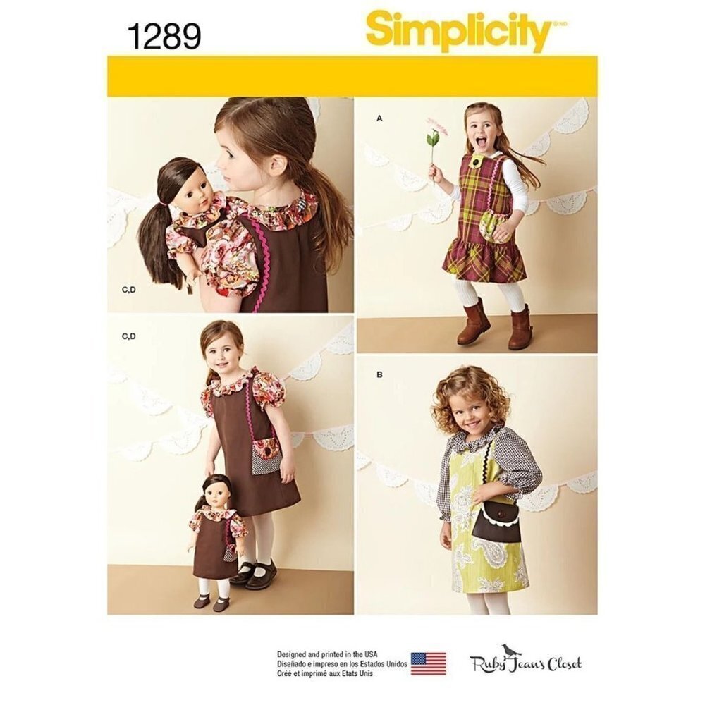 Simplicity Sewing Pattern 1289 Child Sizes 3-8 Doll Dress Ruby Jean's Closet‎